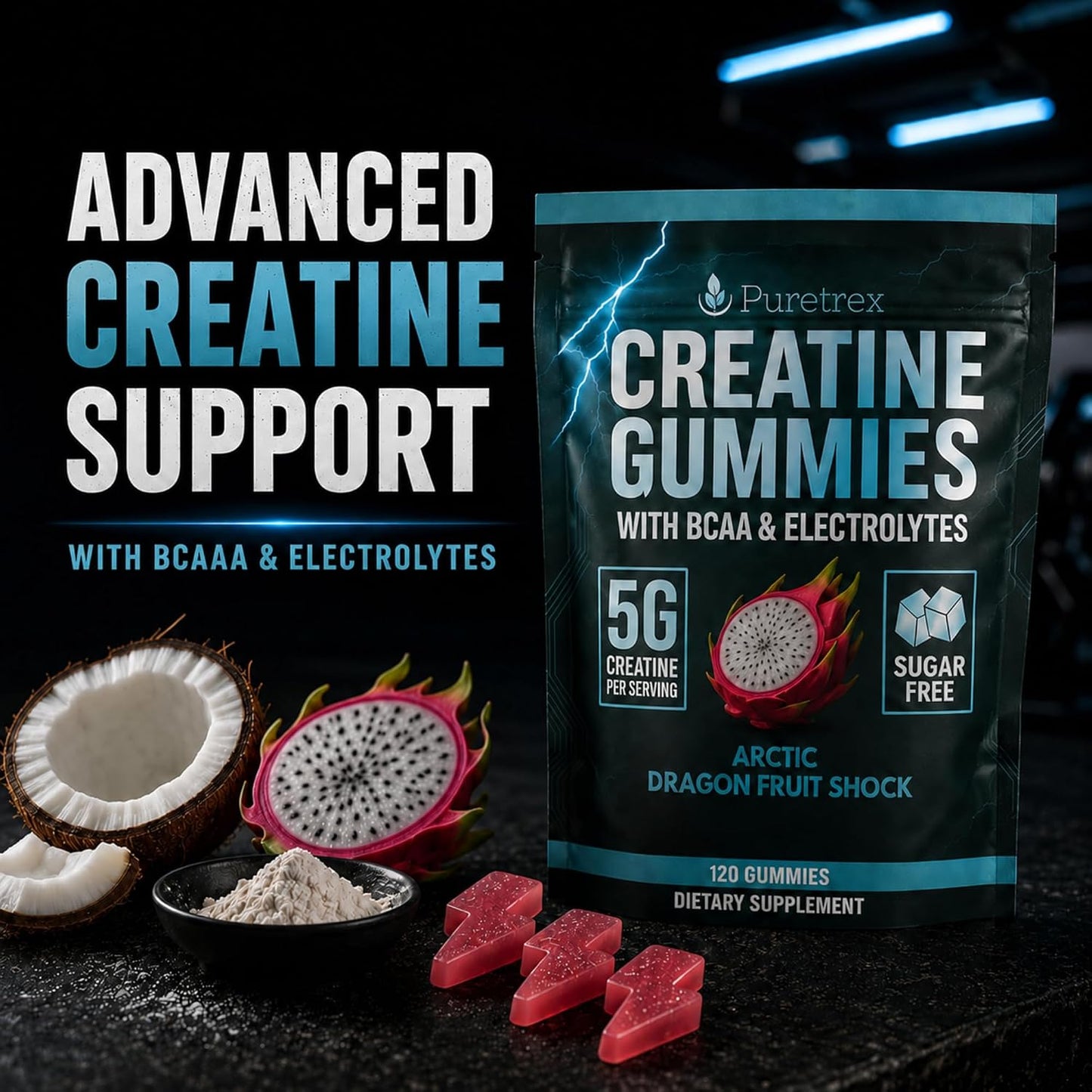 Creatine Gummies with BCAA and Electrolytes, 5g Creatine Monohydrate per Serving, Sugar Free Chews for Muscle Recovery and Hydration, Arctic Dragon Fruit Flavor, Vegan, 120 Count, Made in UK