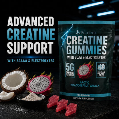 Creatine Gummies with BCAA and Electrolytes, 5g Creatine Monohydrate per Serving, Sugar Free Chews for Muscle Recovery and Hydration, Arctic Dragon Fruit Flavor, Vegan, 120 Count, Made in UK