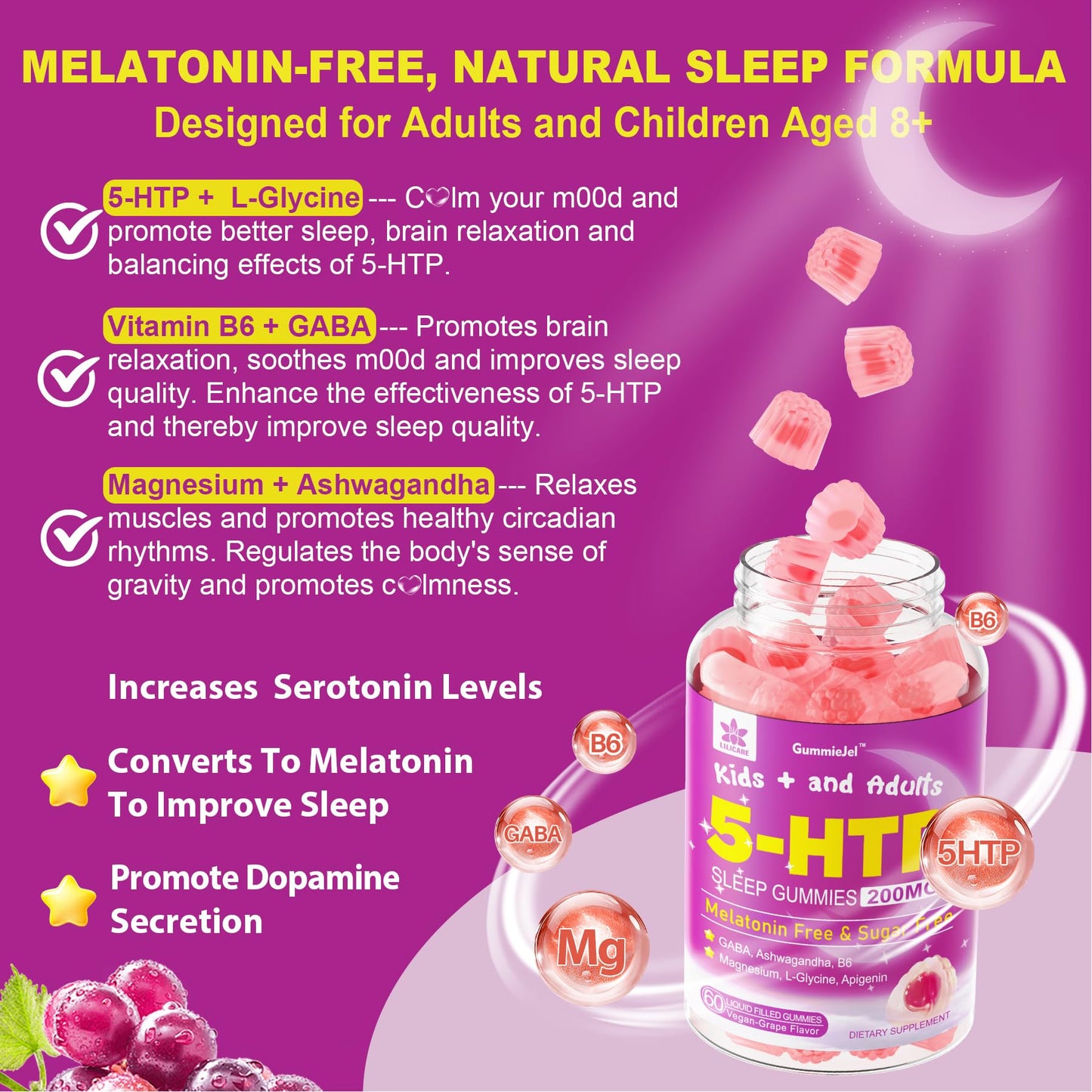 5HTP Gummies for Adults & Kids 8+, Melatonin Free Gummies with Magnesium Glycinate, GABA, L-Glycine, Ashwagandha, Vitamin B6 for Delicious Zzzs, Brain & Muscle Relaxation, 0 Sugar 60 Count (Pack of 1)