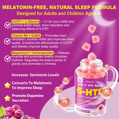 5HTP Gummies for Adults & Kids 8+, Melatonin Free Gummies with Magnesium Glycinate, GABA, L-Glycine, Ashwagandha, Vitamin B6 for Delicious Zzzs, Brain & Muscle Relaxation, 0 Sugar 60 Count (Pack of 1)