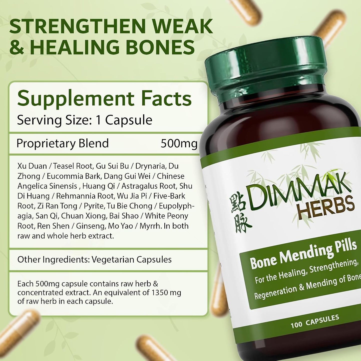 Bone Mending Pills- Rapid Fracture & Broken Bone Healing Supplement- Advanced TCM Formula with Drynaria- Stress Fracture & Osteoblast Support- Organic- 500mg 100 Capsules