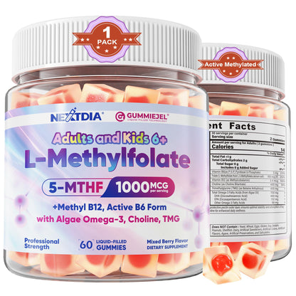 L-Methylfolate 1000 mcg + Methyl B12 Gummies for Kids & Adults - Active 5-MTHF, w/Omega-3 DHA & EPA(3:1), Choline & TMG, B6, Supports MTHFR Gene, Brain, Energy & Methylation, Sugar free, 60 Cts