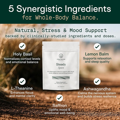 Adapt Naturals Steady Spirit Stress, Moddy & Resilience Support Supplement | Clinically Studied Saffron, Ashwagandha, L-Theanine, Lemon Balm & Holy Basil - Adaptogen Blend for Calm Focus - 30 Day Supply