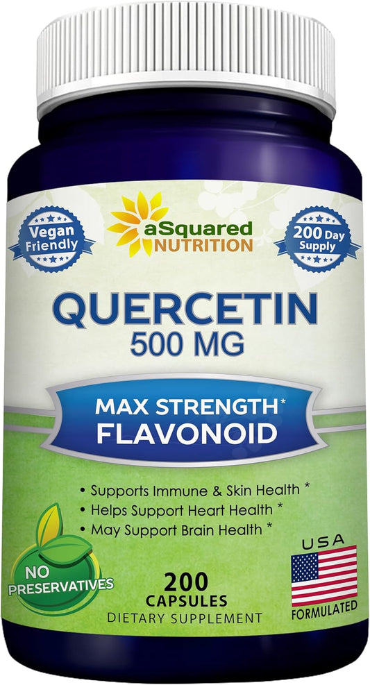 Quercetin 500mg Supplement - 200 Capsules - Dihydrate Powder Complex Pills | Max Strength Quercetin Dihydrate Supplements to Support Cardiovascular Health & Help Improve Immune Response