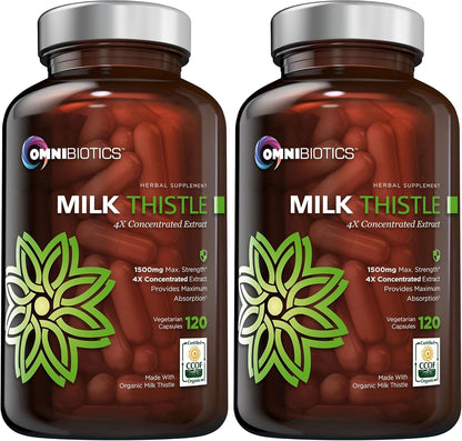 OmniBiotics Organic Milk Thistle Supplement 1500mg – 4X Concentrated Extract with Silymarin – High Potency Liver Detox & Support – 120 Vegan Capsules (Pack of 2)