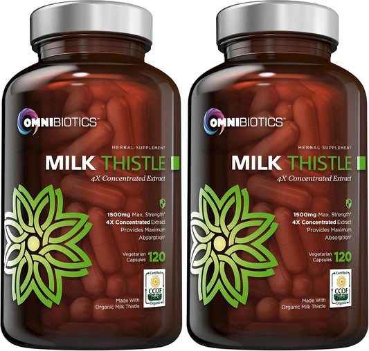 OmniBiotics Organic Milk Thistle Supplement 1500mg – 4X Concentrated Extract with Silymarin – High Potency Liver Detox & Support – 120 Vegan Capsules (Pack of 2)