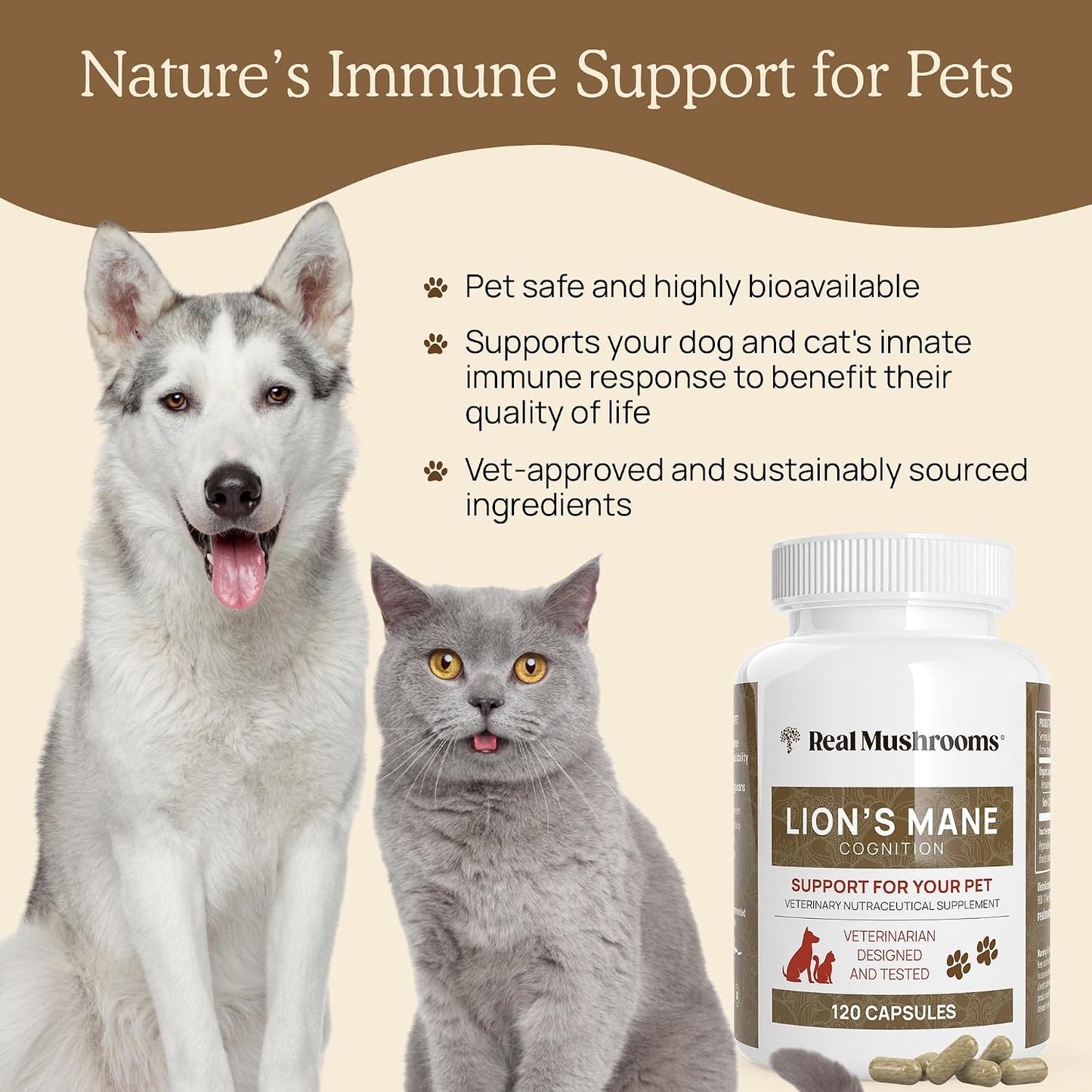 Real Mushrooms Lions Mane for Humans (120ct) and Pets (120ct) - Bundle for Cognition & Immunity - Vegan, Non-GMO, Gluten-Free, Grain-Free Mushroom Extract Supplements