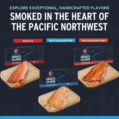 SeaBear Smoked Salmon Trio 18oz (3 x 6oz) Fillets Gift Box – Wild Alaska Sockeye, Wild Pink & Coho Fillets, Shelf Stable, Ready to Eat, 18 Ounce (3 x 6 Ounce) Filets