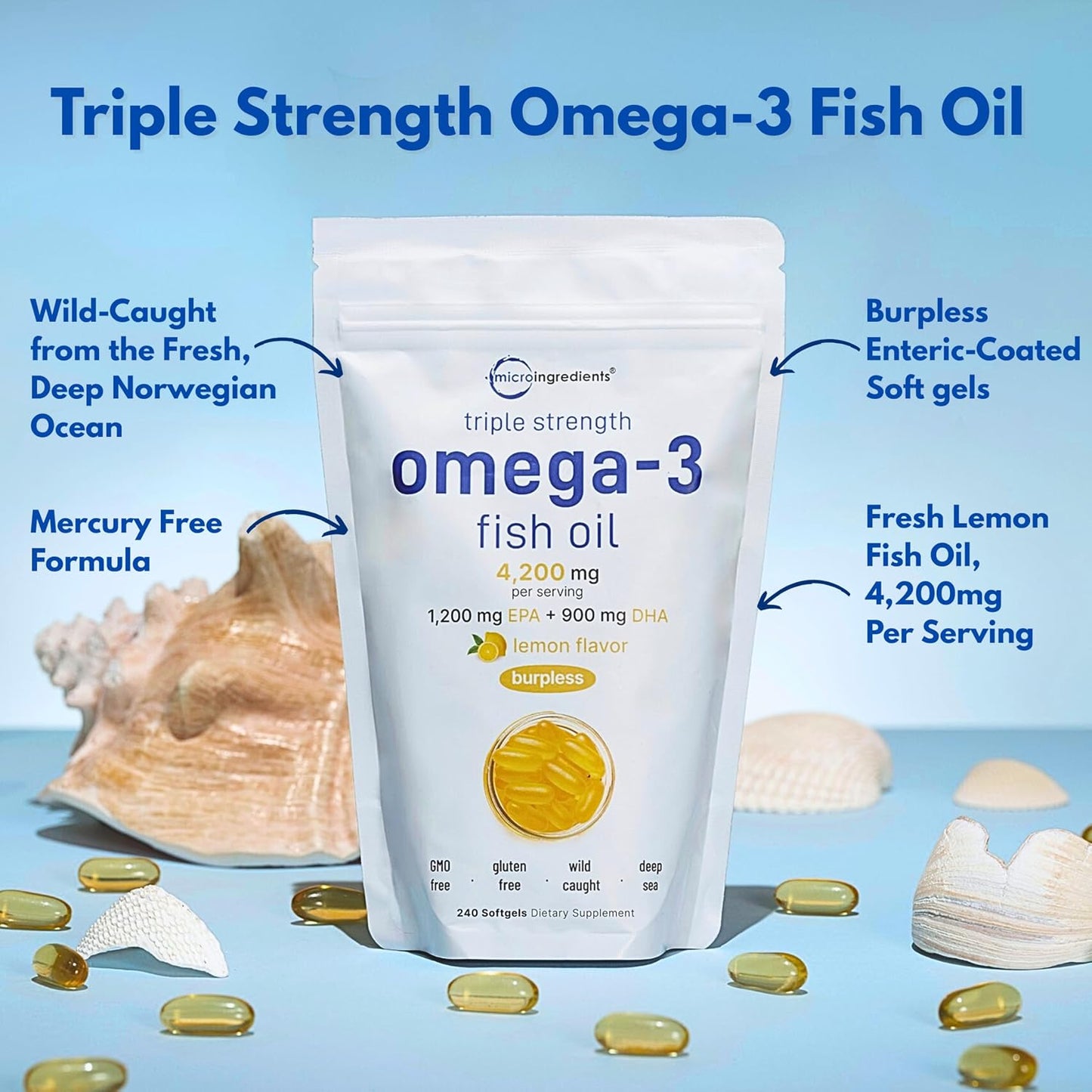 Micro Ingredients Omega-3 Fish Oil 4,200mg Softgels & Mega Probiotics 200 Billion CFU Veggie Capsules | 2 Pack Bundle | Wild-Caught, Burpless, Lemon Flavor | 40 Strains + Inulin, Acacia, & Bromelai