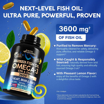 Omega 3 Fish Oil 3600 mg - Omega 3 Supplement | EPA & DHA - Heavy Metals Tested - Heart, Brain & Joint Support - Purified Fish Oil for Men & Women - Lab Tested - Lemon Flavored - 90 Softgels