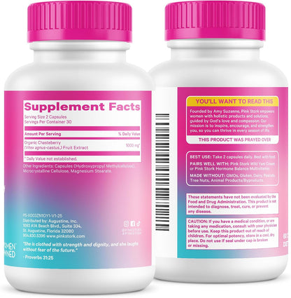 Pink Stork Organic Vitex, 1000 mg, 60 Vegan Capsules | Chaste Tree Berry, Plant-Based Support, Perimenopause & Hormonal Harmony, Supports Cycle Regularity & Hormone Balance