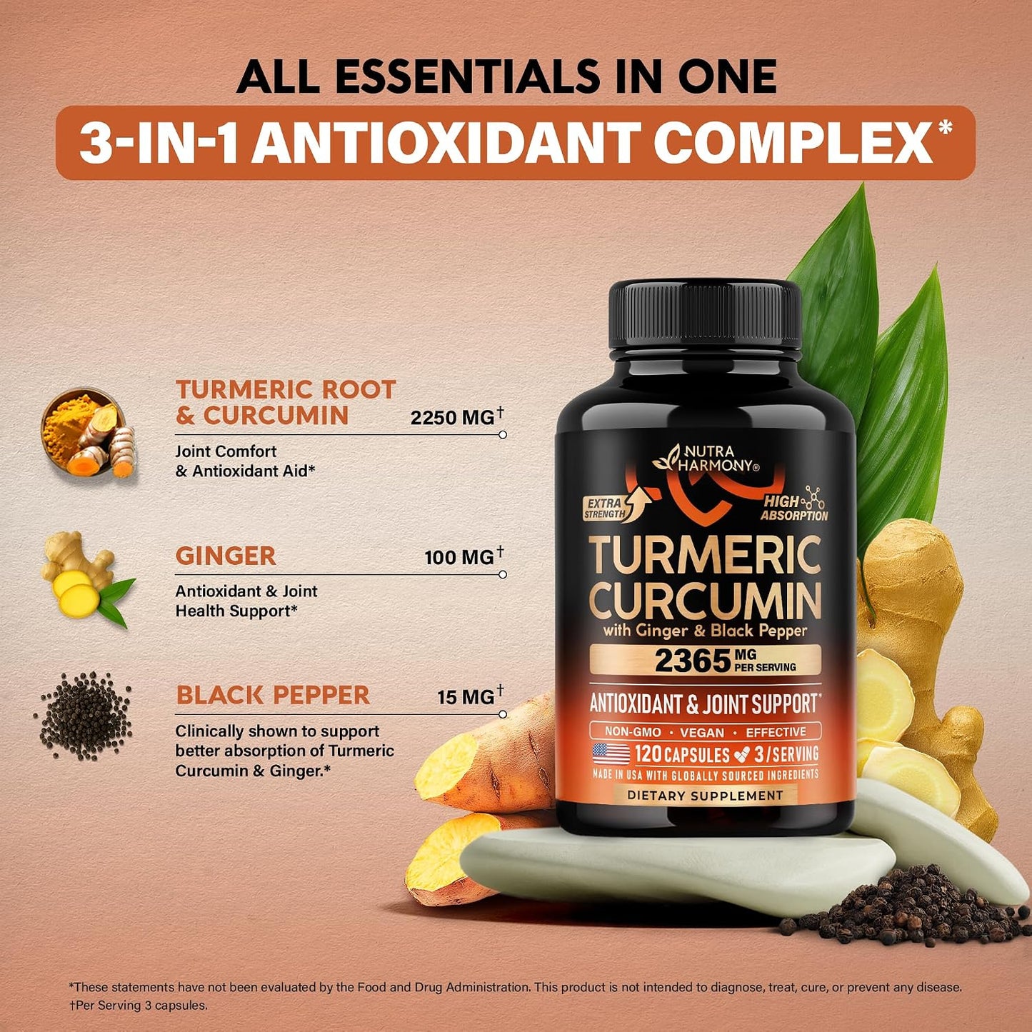 Turmeric Curcumin Supplement 2365 mg - Turmeric with Ginger & Black Pepper - Highly Bioavailable & Extra Strength 95% Curcuminoids - Antioxidant, Immunity & Joint Support - Lab Tested - 120 Capsules