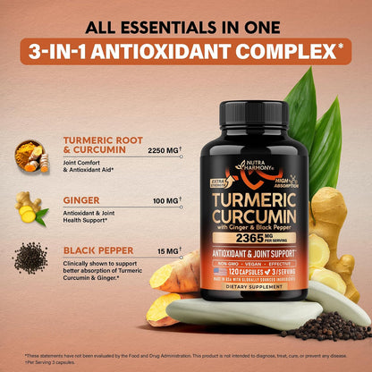 Turmeric Curcumin Supplement 2365 mg - Turmeric with Ginger & Black Pepper - Highly Bioavailable & Extra Strength 95% Curcuminoids - Antioxidant, Immunity & Joint Support - Lab Tested - 120 Capsules