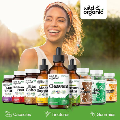 Wild & Organic Cleavers Lymphatic Drainage Drops - Cleavers Herb for Natural Detox Support - Add to Tea Tincture - Galium Aparine Leaf Extract Supplement - Vegan, Sugar & Alcohol-Free - 4 fl oz