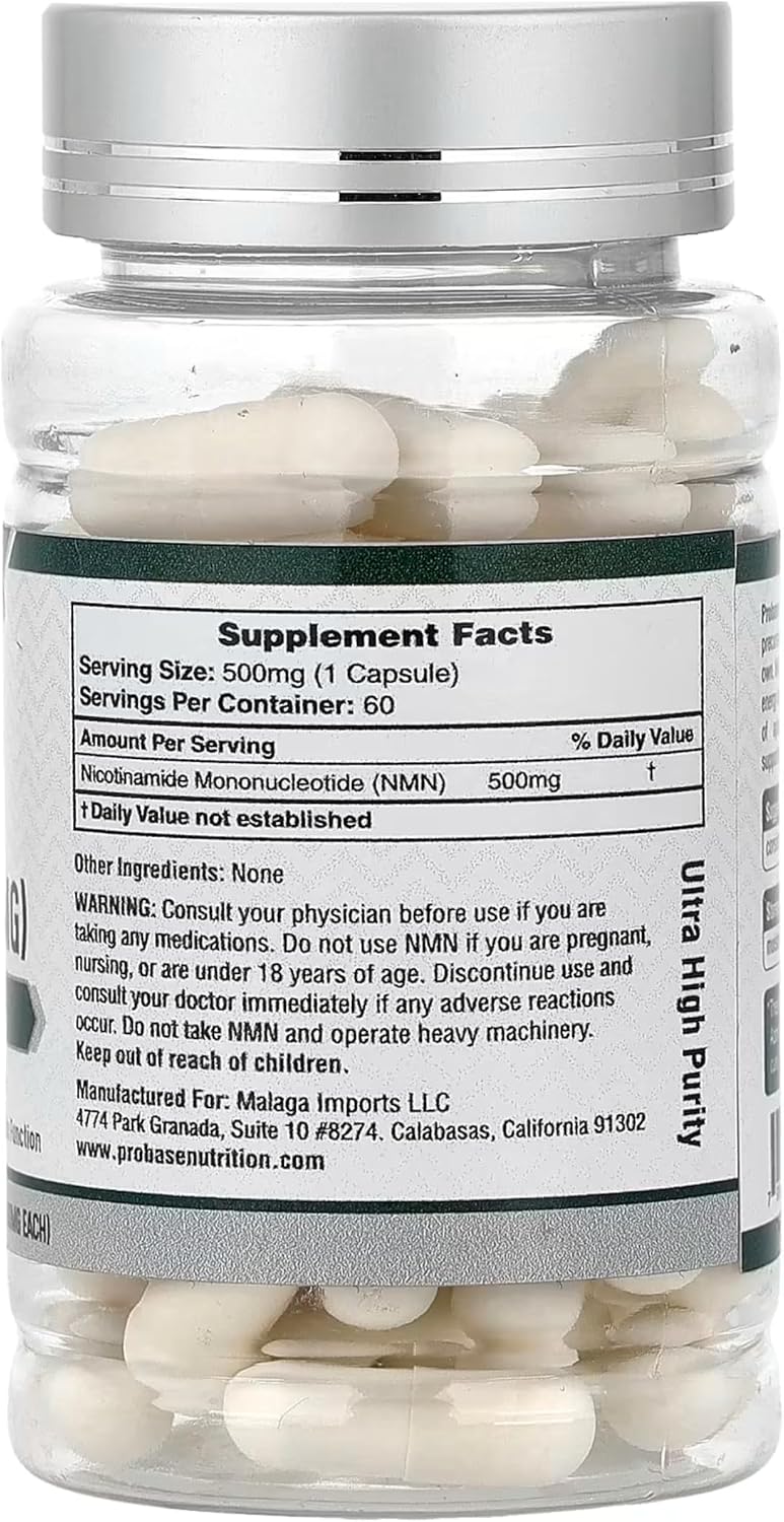 Probase Nutrition Longevity Pure NMN Capsules 60 Count (500mg Each) - Ultra-Pure, Fully Stabilized, Pharmaceutical Grade NMN to Boost NAD+, Nicotinamide Mononucleotide Capsules (Packaging May Vary)
