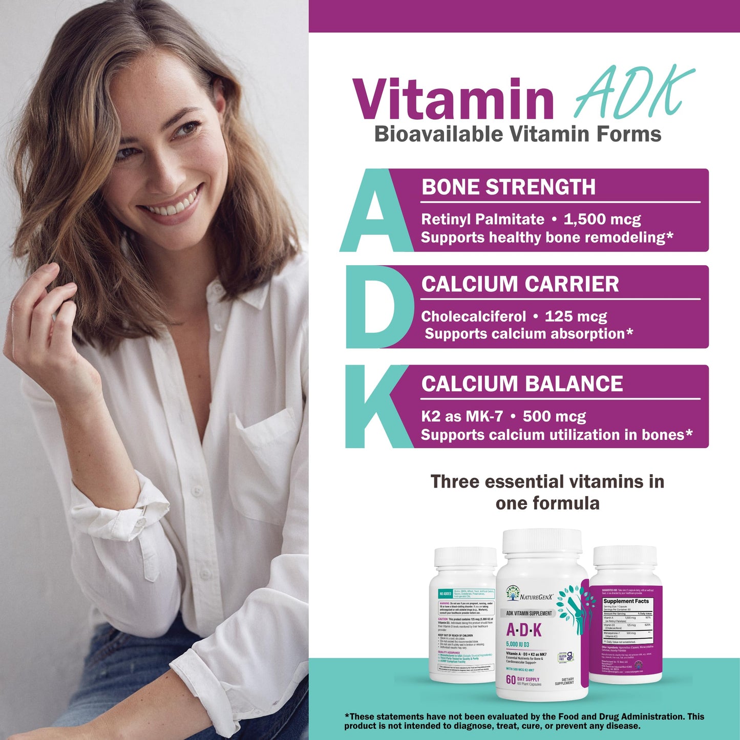 NatureGenX ADK Vitamin Supplement – Vitamins A, D3 & K2 MK-7 for Bone Health & Calcium Absorption – Gluten-Free, Non-GMO, Soy-Free – 60 Capsules (2-Month Supply) | For Bone Health & Calcium Absorption - Immune Support, Gluten-Free, Non-GMO, Soy-Free - 60