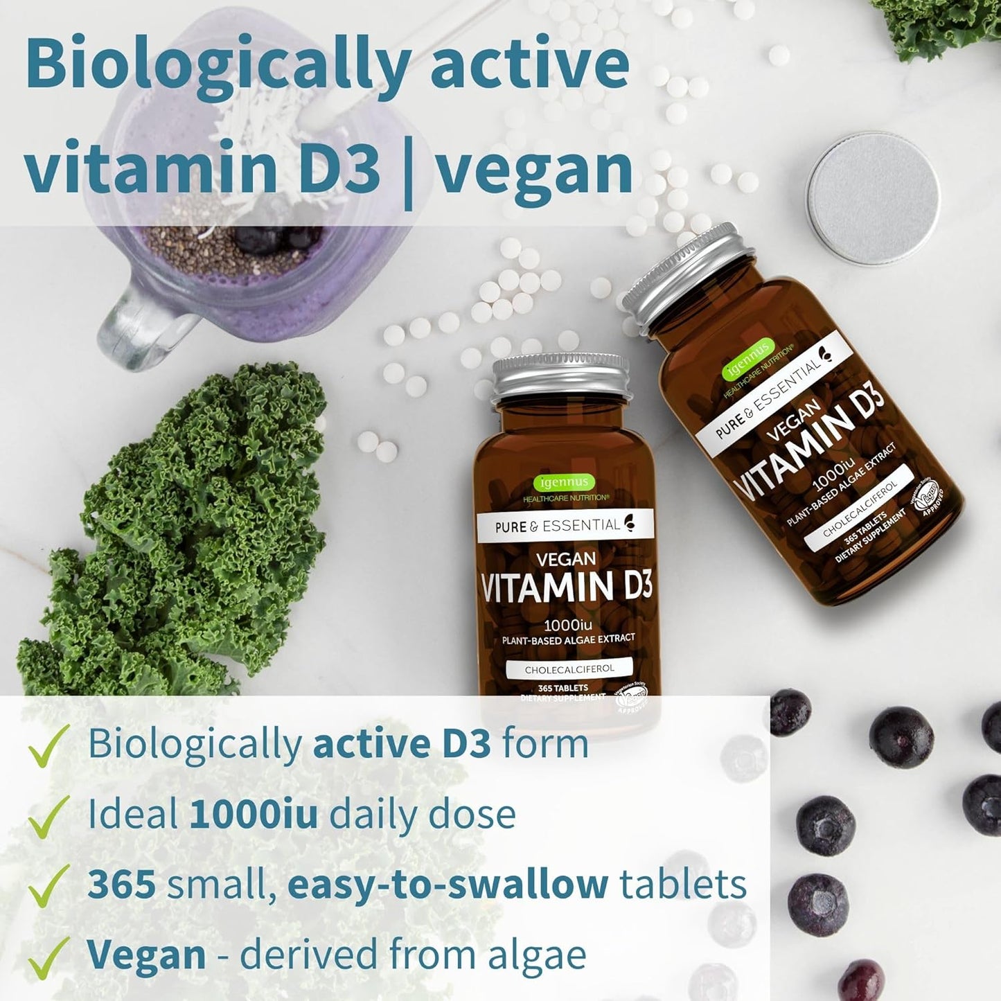Igennus Natural Vegan Vitamin D3 1000IU, Clean Label, 365 Tablets, 100% Plant-Based Algae Cholecalciferol & Non-GMO, Immune, Bones & Teeth, 1-Year Supply