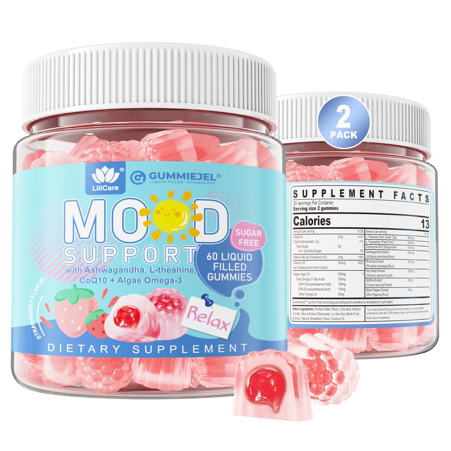 Ashwagandha Saffron Calm Gummies + Omega 3, L-Theanine & CoQ10 for Women Men, Natural Calming Happy Relax Gummies for Adults, Mood Support Supplement Gummy, Strawberry Flavor, Sugar Free, Vegan, 60ct