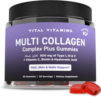 Vital Vitamins Multi Collagen Complex Plus Gummies - Collagen Peptides Types I, III & V with Hyaluronic Acid, Biotin, Vitamin C & Vitamin D - Hair, Skin & Nail Support - Wild Berry - 60 Count