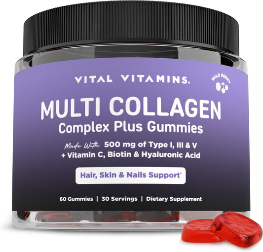 Vital Vitamins Multi Collagen Complex Plus Gummies - Collagen Peptides Types I, III & V with Hyaluronic Acid, Biotin, Vitamin C & Vitamin D - Hair, Skin & Nail Support - Wild Berry - 60 Count