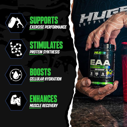 Huge EAA + Hydration, Essential Amino Acids Powder, EAAs & BCAAs, Intra & Post Workout Recovery Powder, Muscle Growth, Recovery & Performance, 10g EAAs & Electrolytes, Kiwi Blueberry, 30 Servings