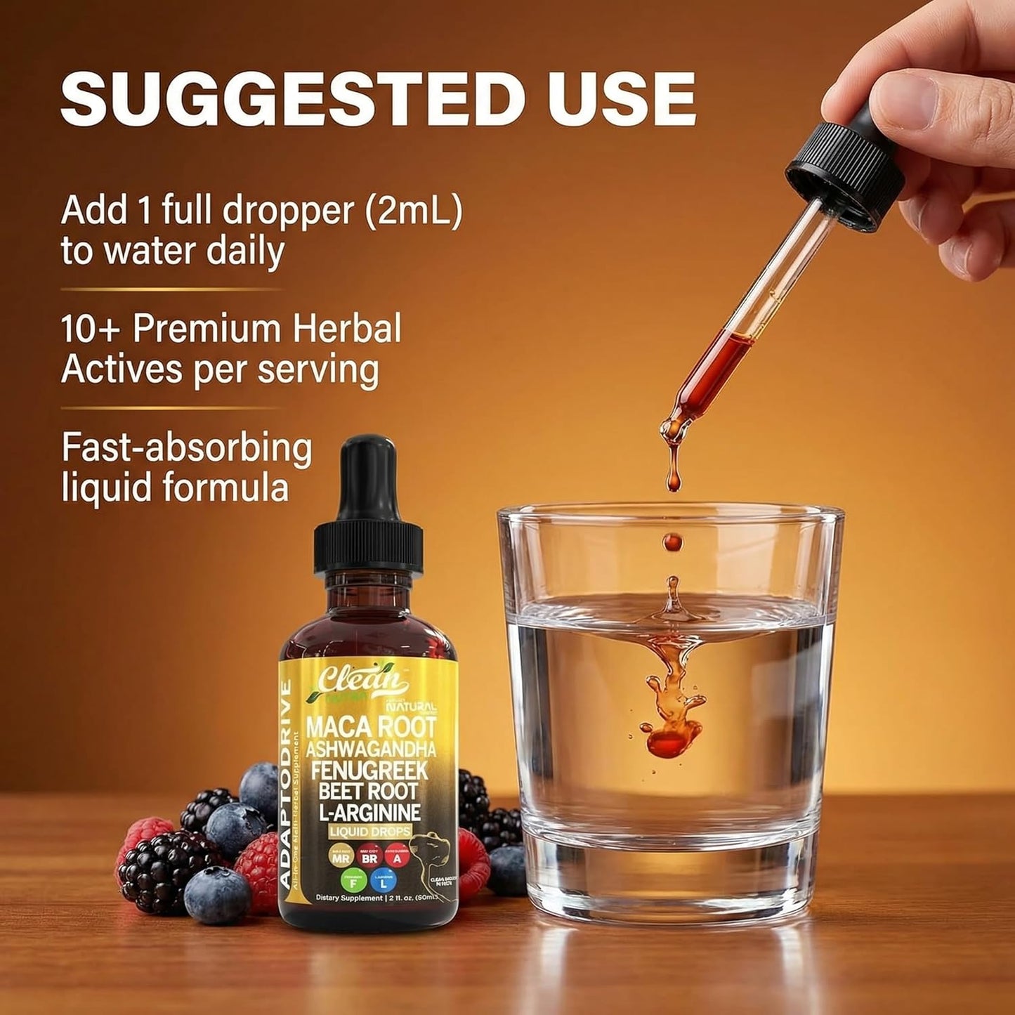 Clean Nutra Organic Maca Root Liquid Drops with Ashwagandha, Fenugreek, Beet Root and L-Arginine Liquid Multivitamin for Women and Men - Adapto Drive
