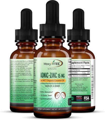 Organic Zinc Supplements for Kids, Adults - Zinc Sulfate - Liquid Zinc Supplement - Pure Ionic Zinc Drops in Coconut Oil for Immune Support, Skin - NO Preservatives & Great Taste - 100 Vegan Servings