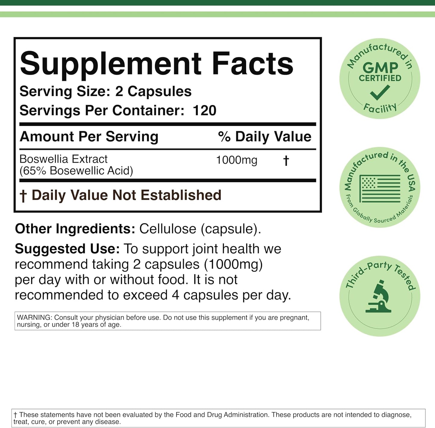 Boswellia Serrata - 240 Capsules (Max Strength 1,000mg of 65% Boswellic Acid Extract) Boswellia Extract Capsules (Joint Support Supplement for Joint Health) Third Party Tested by Double Wood