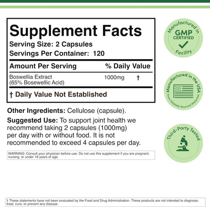 Boswellia Serrata - 240 Capsules (Max Strength 1,000mg of 65% Boswellic Acid Extract) Boswellia Extract Capsules (Joint Support Supplement for Joint Health) Third Party Tested by Double Wood