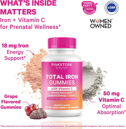Pink Stork Prenatal Iron Supplement Gummies for Women - 20 mg with Vitamin C - Grape Chewable for Deficiency, Energy, & Blood Builder - 60 Gummy Chews