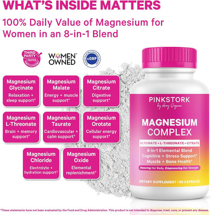 Pink Stork Magnesium Complex for Women, 8 Forms, 60 Capsules | 8 Forms - Glycinate, Malate, Citrate & L-Threonate - Stress, Sleep, Muscle & Hormone Support - 400 mg Elemental Magnesium
