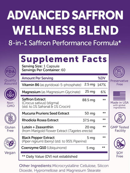 Lunakai USA Made Saffron+ Supplement for Adults, 88.5mg, 60 Day Supply | Non-GMO 8-in-1 Formula Saffron Extract Capsules | Daily Mood & Energy Support for Men & Women