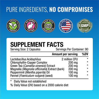 Approved Science Odorol - 60 Capsules - Freshen Bad Breath and Body Odor - Contains L.acidophilus, Green Tea, Magnolia Bark, Peppermint Oil, and Fennel - All Natural, Vegan Friendly, Non-GMO