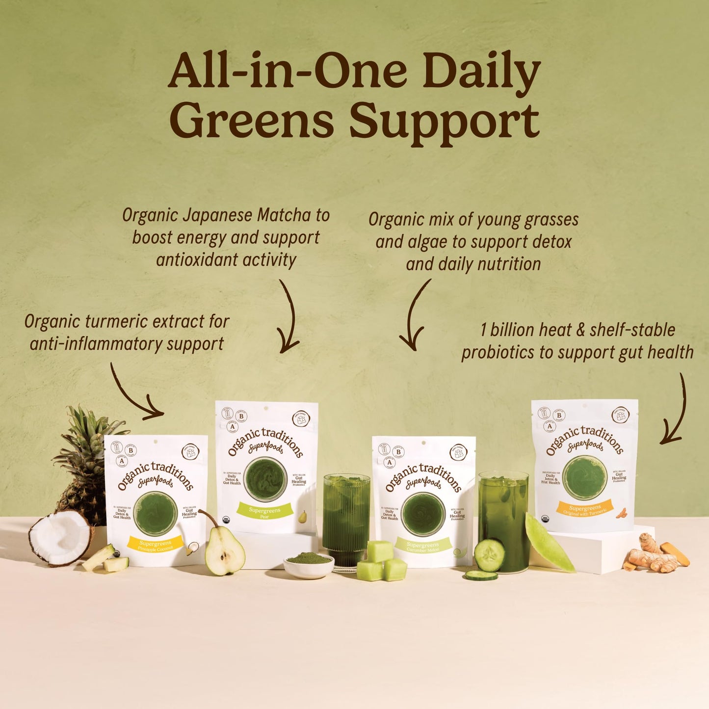 Organic Traditions Super Greens Powder with Turmeric, Organic Greens Superfood Blend with Vitamins Minerals and Probiotics, Plant Based Green Juice Mix for Smoothies and Drinks, 100g / 3.5oz Bag