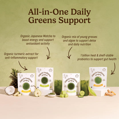 Organic Traditions Super Greens Powder with Turmeric, Organic Greens Superfood Blend with Vitamins Minerals and Probiotics, Plant Based Green Juice Mix for Smoothies and Drinks, 100g / 3.5oz Bag