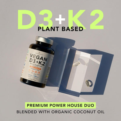 Vegan Powerhouse Combo. Omega-3 from Algal Oil & Vitamin D3 + K2. Plant-Based 5000 iu VIT D from Algae. 100 mcg All-Trans MK-7 Vita K. Carrageenan Free Veggie Softgels.