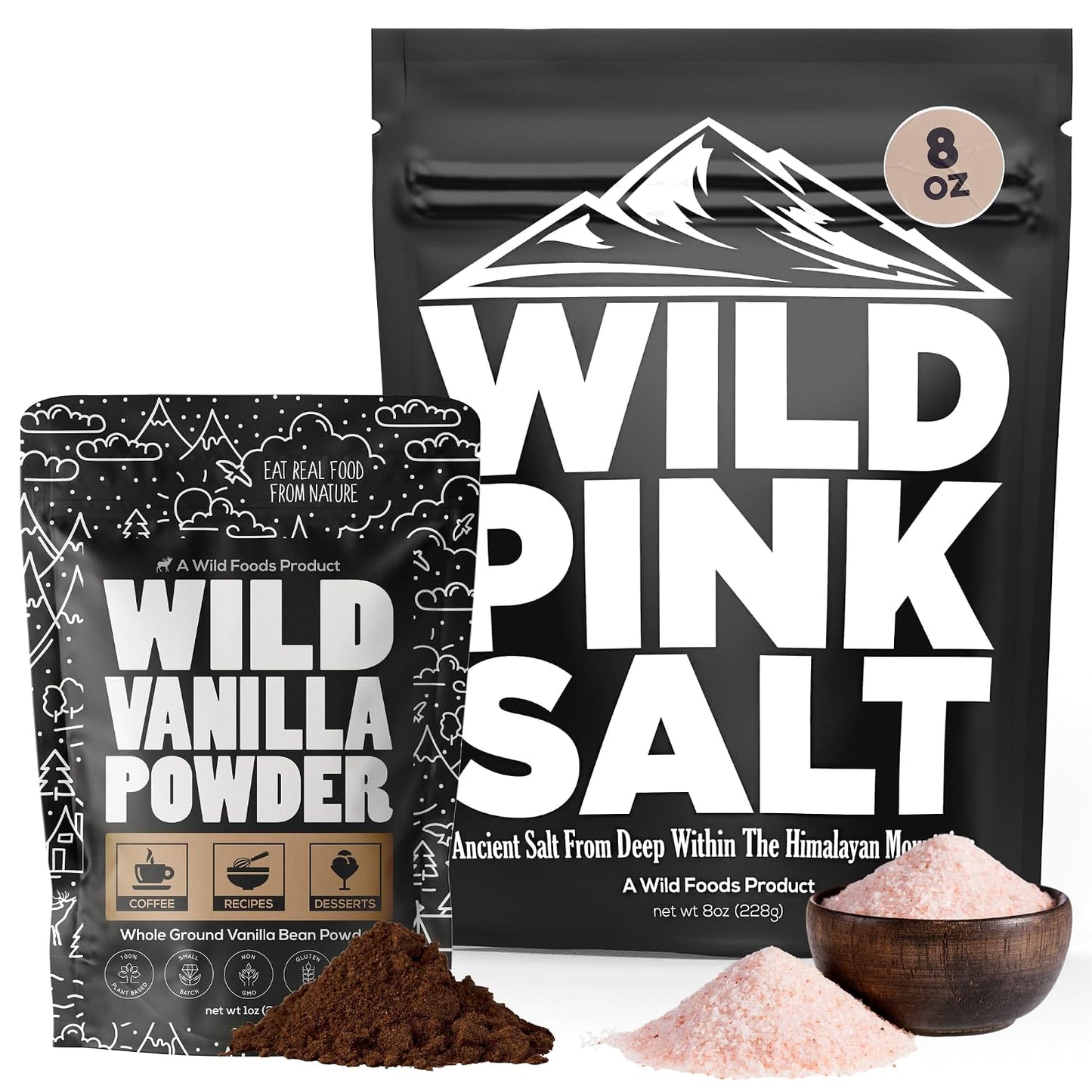 Wild Foods Pink Himalayan Salt (8oz) and Vanilla Bean Powder (1oz) Bundle for Cooking and Baking