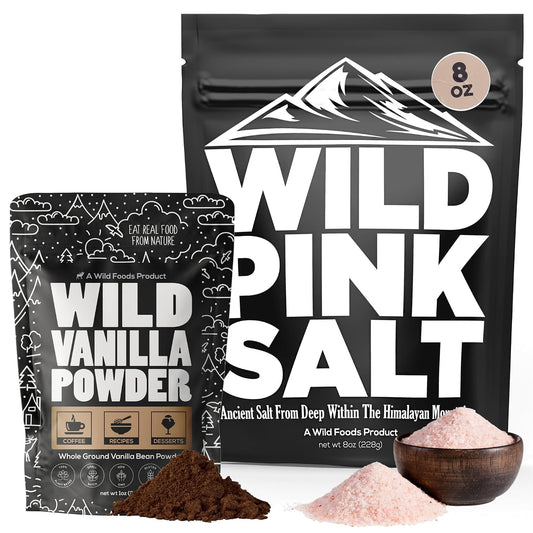 Wild Foods Pink Himalayan Salt (8oz) and Vanilla Bean Powder (1oz) Bundle for Cooking and Baking