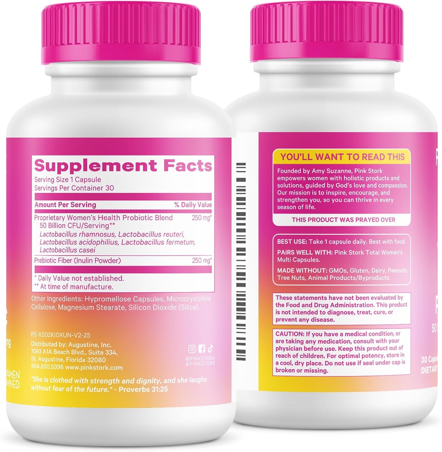 Pink Stork Women's Probiotic, 50 Billion CFU | Clinically Studied Strains | Vaginal, Gut, Urinary + Hormone Support | pH Balance, Yeast & Odor | Probiotic Prebiotic Blend | 30 Vegan Capsules