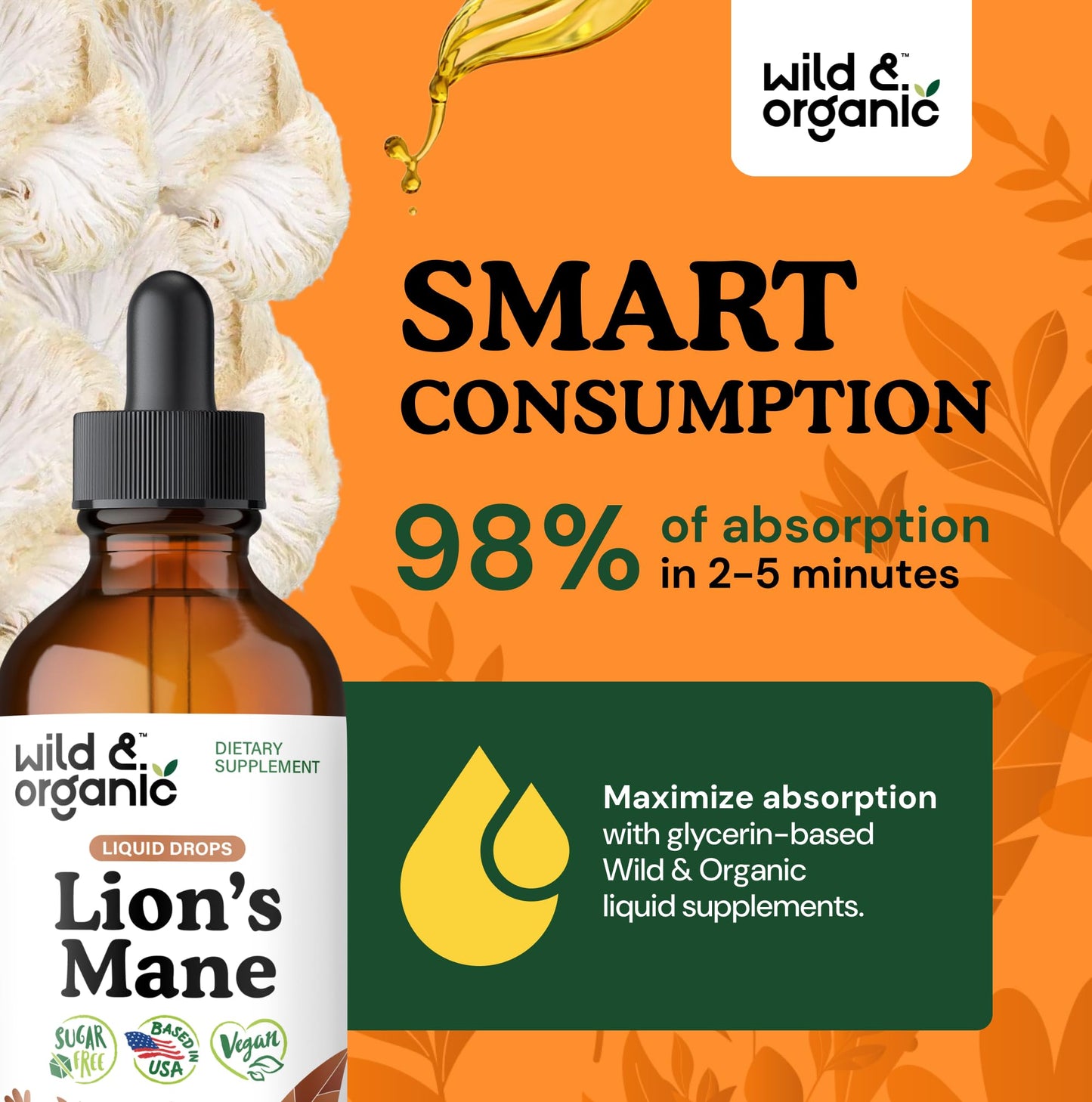 Wild & Organic Lions Mane Liquid Drops - Brain & Focus Support - Lion's Mane Mushroom Supplement - Hericium Erinaceus Mushroom Drops - Mix with Powder - Sugar & Alcohol-Free Extract Tincture - 4 oz