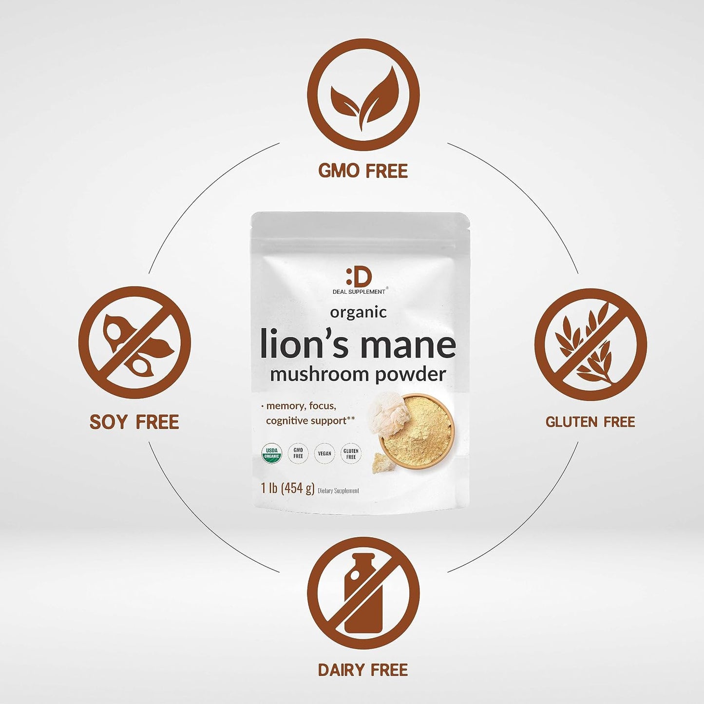 DEAL SUPPLEMENT Organic Lions Mane Mushroom Powder Supplement, 1,500mg Per Serving, 1lb – Active Fruiting Body & Mycelium Extract – Natural Brain Nootropic & Immune System Booster – Non-GMO