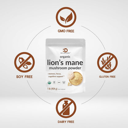 DEAL SUPPLEMENT Organic Lions Mane Mushroom Powder Supplement, 1,500mg Per Serving, 1lb – Active Fruiting Body & Mycelium Extract – Natural Brain Nootropic & Immune System Booster – Non-GMO