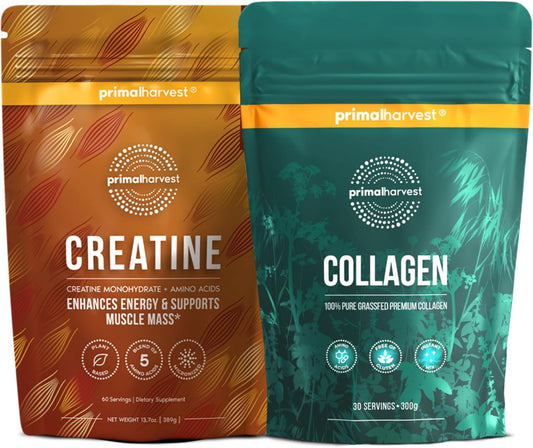 Primal Creatine Powder + Collagen Powder Bundle | 2-Pack | Muscle Recovery, Strength, and Performance| Unflavored, 30 Servings Each