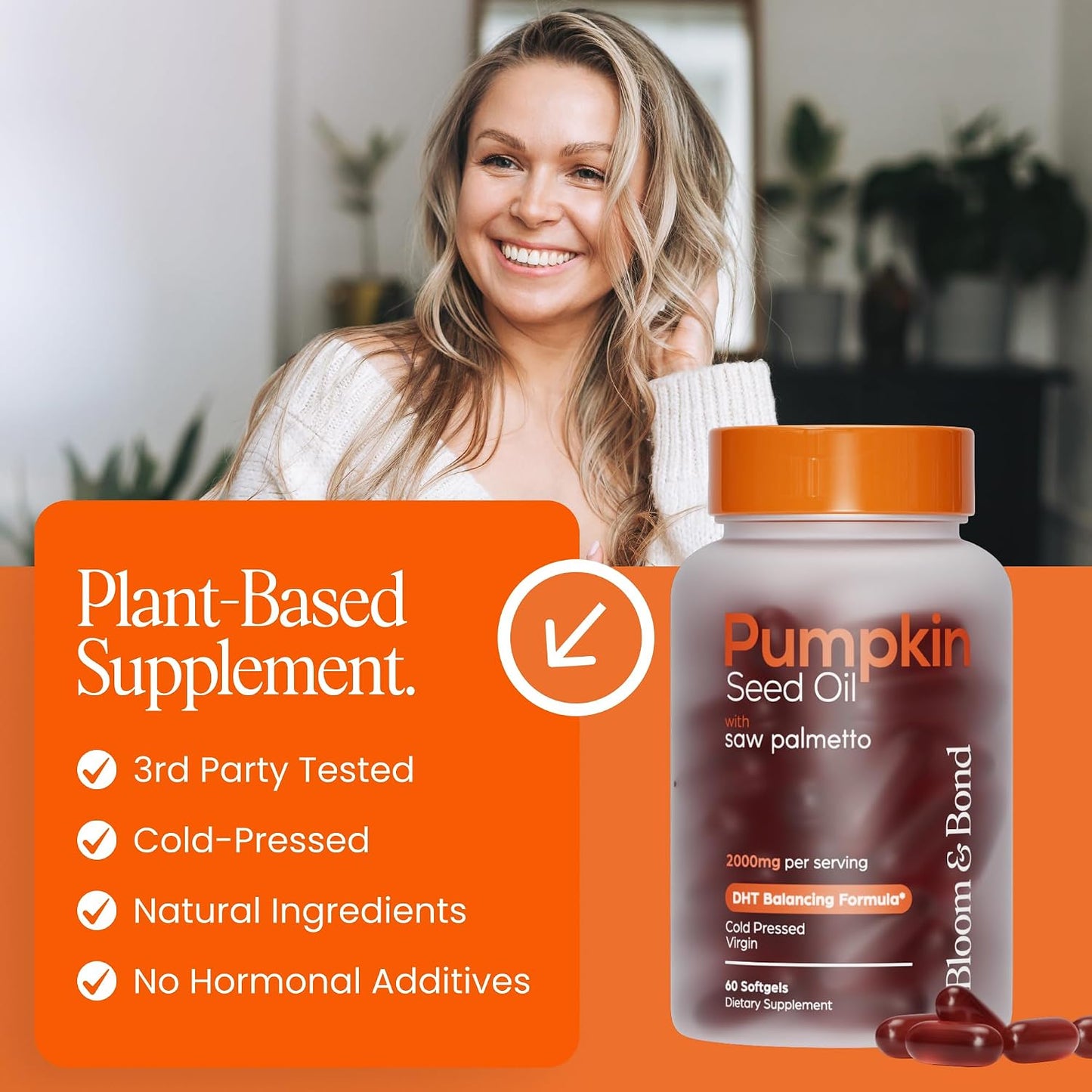 Bloom & Bond® Pumpkin Seed Oil with Saw Palmetto for Women [2000mg per Serving] - Cold-Pressed Organic Softgels for Healthy Hair & Scalp - Supports Fuller-Looking Hair - Plant-Based Supplement