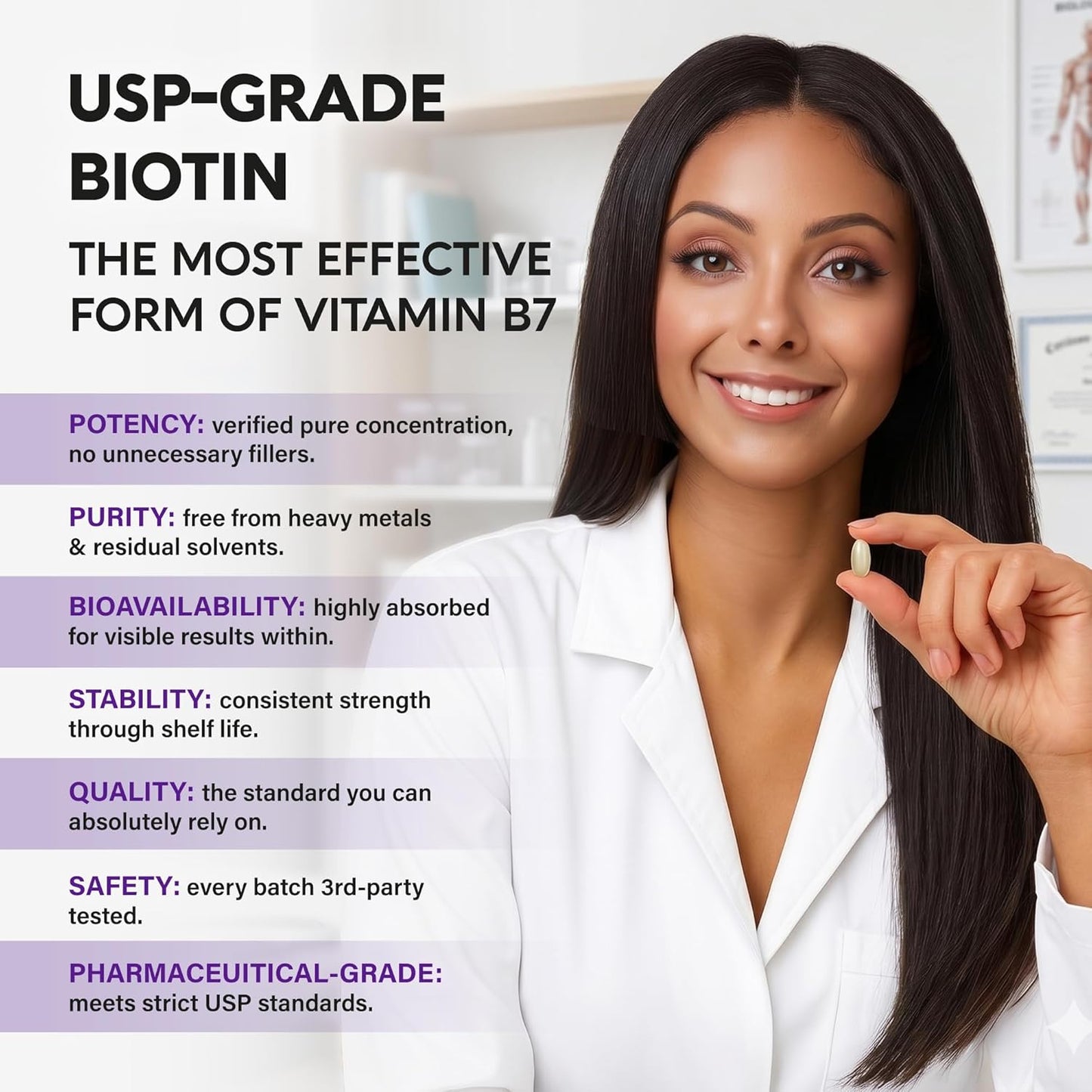 Biotin 10000 mcg with Silicon - Pharmaceutical Grade Biotin Supplement for Women - Hair Growth Support, Skin & Nails - Max Strength & 100% Bioavailability - Lab Tested - 120 Softgels, 120 Days Supply
