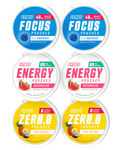 GRINDS Focus Pouches | Naturally Flavored with Nootropic Ingredients | Contains Alpha GPC and L-Theanine | Sugar-Free | 3 Pack | 18 Pouches Per Can | Blue Raspberry