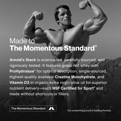 Momentous Arnold's Stack - Creatine Monohydrate Powder, Essential Grass-Fed Whey Protein Powder (Unflavored) & Vitamin D3 (2000 IU) - Daily Fundamentals to Support Muscle Strength & Longevity