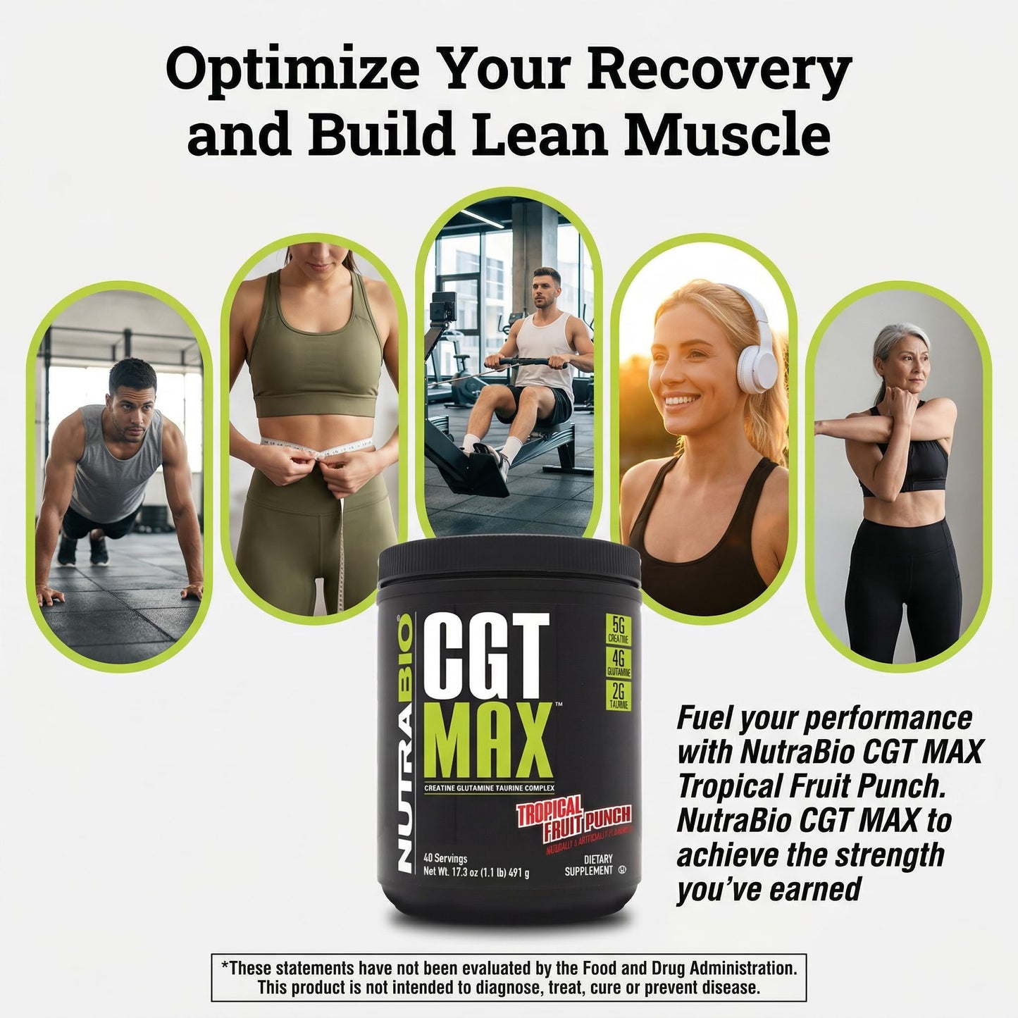 NutraBio CGT-MAX Powder- Creatine, Glutamine and Taurine to Support Muscle Recovery and Strength - 40 Servings - Unflavored