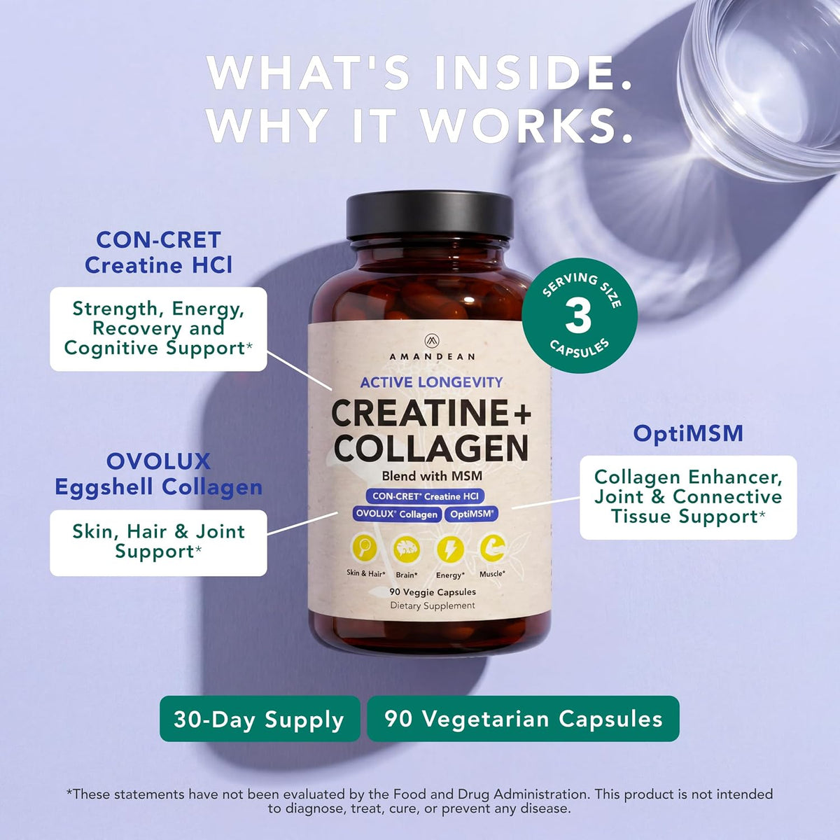 AMANDEAN Creatine HCl + Collagen + MSM Capsules, CON-CRET & OptiMSM, 90ct