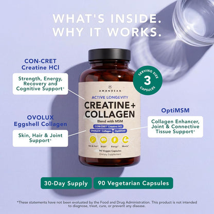 AMANDEAN Creatine HCl + Collagen + MSM Capsules, CON-CRET & OptiMSM, 90ct